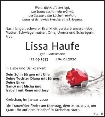 Traueranzeige von Lissa Haufe von Mitteldeutsche Zeitung Weißenfels