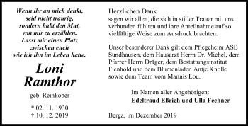 Traueranzeige von Loni Ramthor von Mitteldeutsche Zeitung Sangerhausen