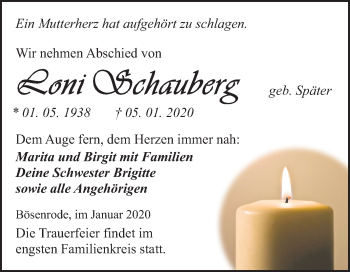 Traueranzeige von Loni Schauberg von Super Sonntag Sangerhausen