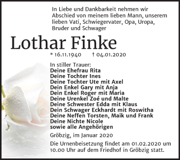 Traueranzeige von Lothar Finke von Mitteldeutsche Zeitung Köthen