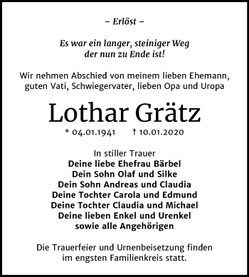 Traueranzeige von Lothar Grätz von Super Sonntag Wittenberg