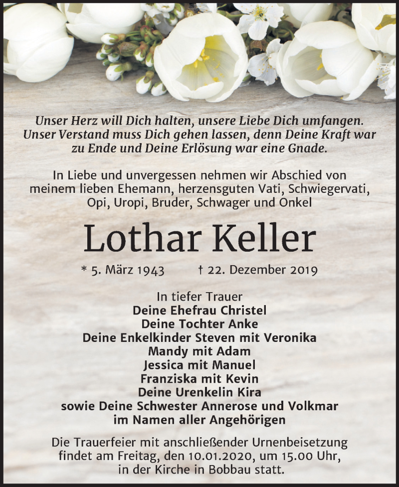  Traueranzeige für Lothar Keller vom 31.12.2019 aus Wochenspiegel Bitterfeld