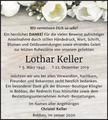 Traueranzeige von Lothar Keller von Wochenspiegel Bitterfeld