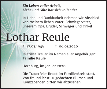 Traueranzeige von Lothar Reule von Super Sonntag Mansfelder Land