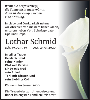 Traueranzeige von Lothar Schmid von Mitteldeutsche Zeitung Bernburg