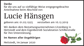 Traueranzeige von Lucie Hänsgen von Super Sonntag Mansfelder Land