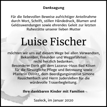 Traueranzeige von Luise Fischer von Wochenspiegel Naumburg/Nebra