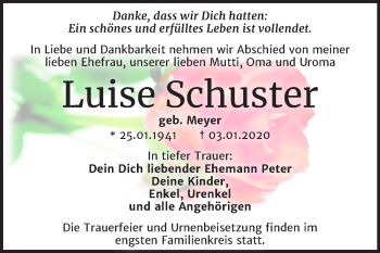 Traueranzeige von Luise Schuster von Mitteldeutsche Zeitung Wittenberg