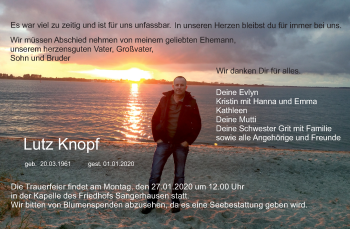 Traueranzeige von Lutz Knopf von Mitteldeutsche Zeitung Aschersleben / Sangerhausen