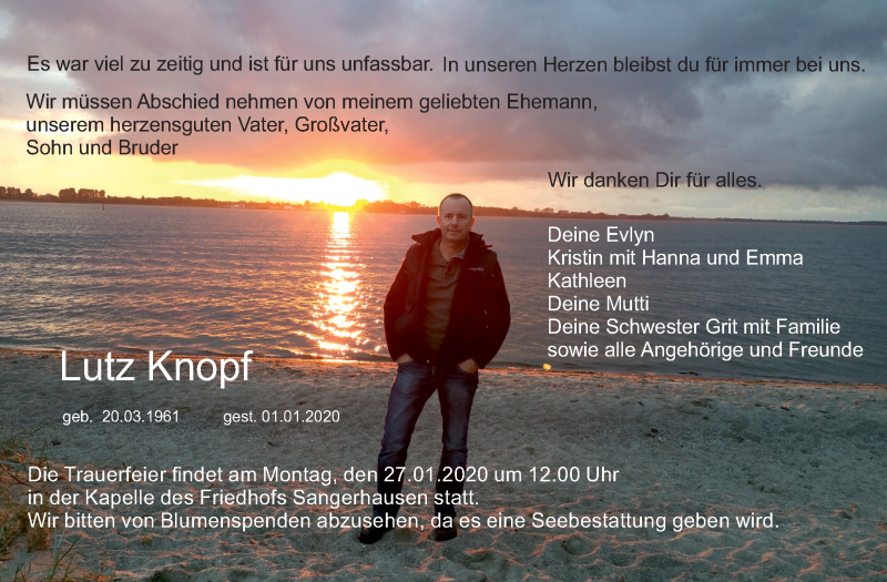  Traueranzeige für Lutz Knopf vom 18.01.2020 aus Super Sonntag Aschersleben / Sangerhausen