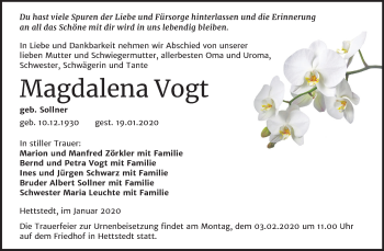 Traueranzeige von Magdalena Vogt von Wochenspiegel Mansfelder Land