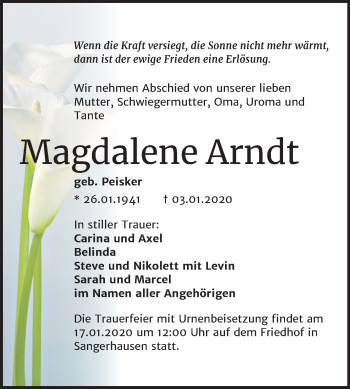 Traueranzeige von Magdalene Arndt von Super Sonntag Sangerhausen