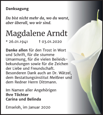 Traueranzeige von Magdalene Arndt von Mitteldeutsche Zeitung Sangerhausen