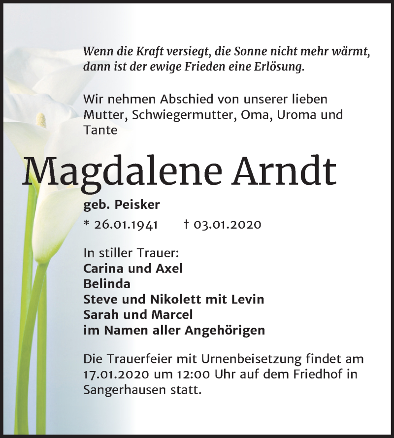  Traueranzeige für Magdalene Arndt vom 11.01.2020 aus Super Sonntag Sangerhausen