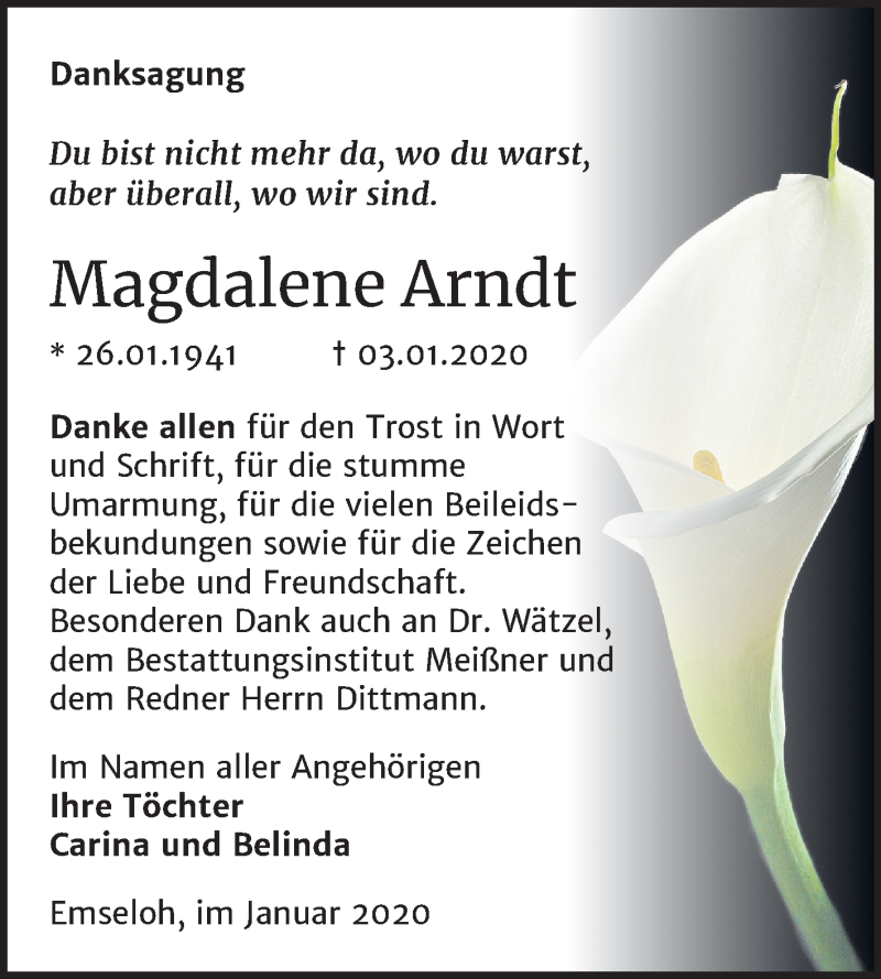  Traueranzeige für Magdalene Arndt vom 25.01.2020 aus Mitteldeutsche Zeitung Sangerhausen