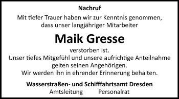 Traueranzeige von Maik Gresse von Super Sonntag Wittenberg