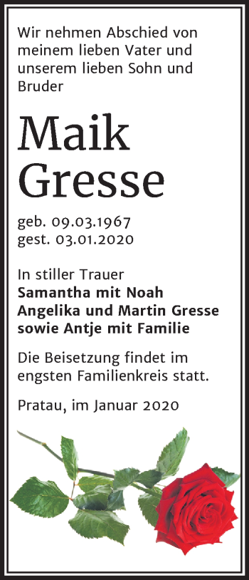 Traueranzeige von Maik Gresse von Mitteldeutsche Zeitung Wittenberg