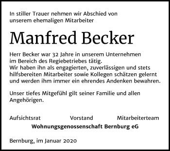 Traueranzeige von Manfred Becker von Mitteldeutsche Zeitung 