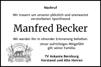 Traueranzeige von Manfred Becker von Super Sonntag Bernburg