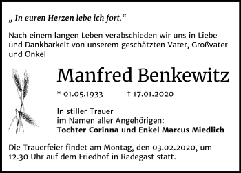 Traueranzeige von Manfred Benkewitz von Wochenspiegel Köthen