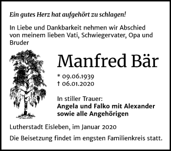 Traueranzeige von Manfred Bär von Mitteldeutsche Zeitung Mansfelder Land