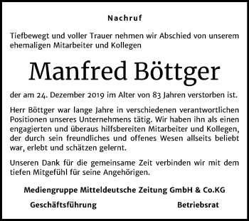 Traueranzeige von Manfred Böttger von Mitteldeutsche Zeitung Halle/Saalkreis