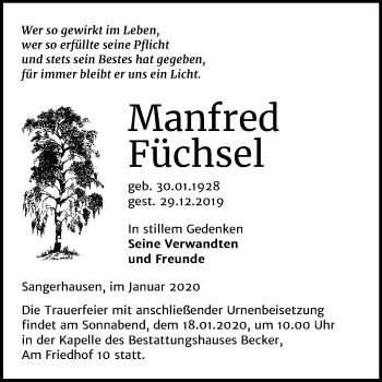 Traueranzeige von Manfred Füchsel von Mitteldeutsche Zeitung Sangerhausen