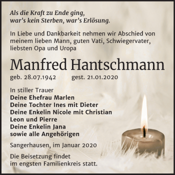 Traueranzeige von Manfred Hantschmann von Super Sonntag Sangerhausen