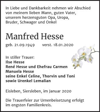 Traueranzeige von Manfred Hesse von Mitteldeutsche Zeitung Mansfelder Land
