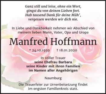 Traueranzeige von Manfred Hoffmann von Wochenspiegel Naumburg/Nebra