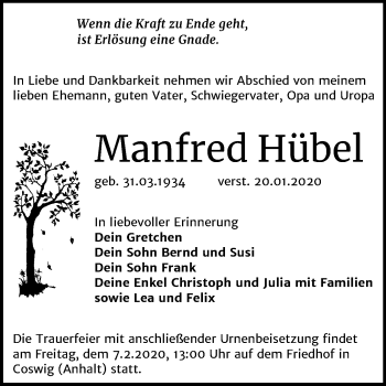 Traueranzeige von Manfred Hübel von Mitteldeutsche Zeitung Wittenberg