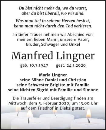 Traueranzeige von Manfred Lingner von Mitteldeutsche Zeitung Köthen