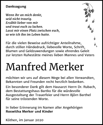 Traueranzeige von Manfred Merker von Super Sonntag Köthen