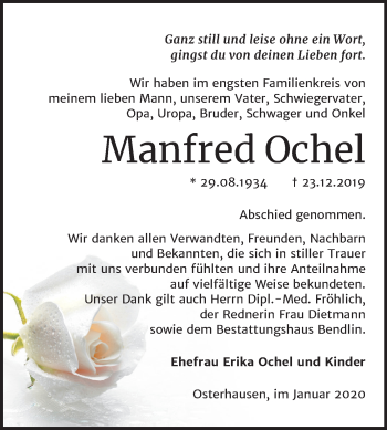 Traueranzeige von Manfred Ochel von Wochenspiegel Mansfelder Land