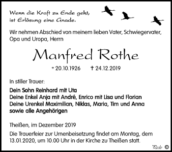 Traueranzeige von Manfred Rothe von Super Sonntag Zeitz