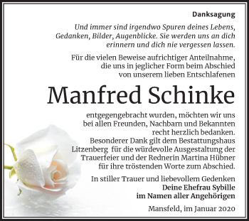 Traueranzeige von Manfred Schinke von Wochenspiegel Mansfelder Land