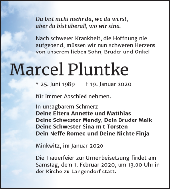 Traueranzeige von Marcel Pluntke von Super Sonntag Zeitz