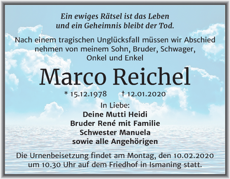  Traueranzeige für Marco Reichel vom 18.01.2020 aus Mitteldeutsche Zeitung Merseburg/Querfurt