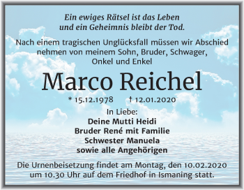 Traueranzeige von Marco Reichel von Mitteldeutsche Zeitung Merseburg/Querfurt