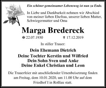 Traueranzeige von Marga Bredereck von Super Sonntag Dessau-Roßlau