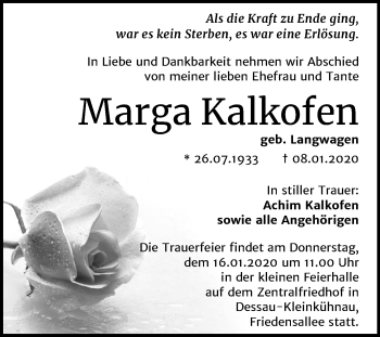 Traueranzeige von Marga Kalkofen von Wochenspiegel Dessau-Roßlau