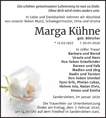 Traueranzeige von Marga Kühne von Mitteldeutsche Zeitung Mansfelder Land