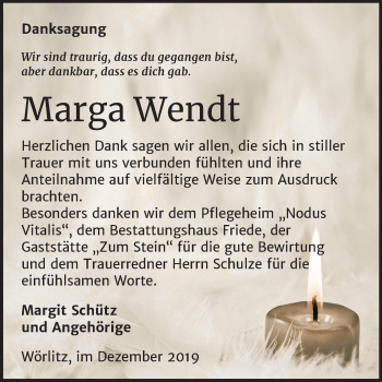 Traueranzeige von Marga Wendt von Mitteldeutsche Zeitung Wittenberg