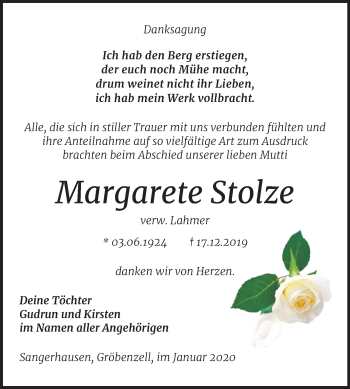 Traueranzeige von Margarete Stolze von Mitteldeutsche Zeitung Sangerhausen