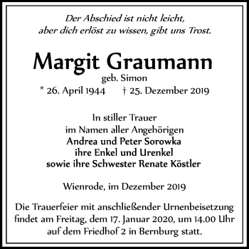Traueranzeige von Margit Graumann von Mitteldeutsche Zeitung Bernburg