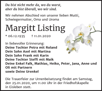 Traueranzeige von Margitt Listing von Mitteldeutsche Zeitung Mansfelder Land