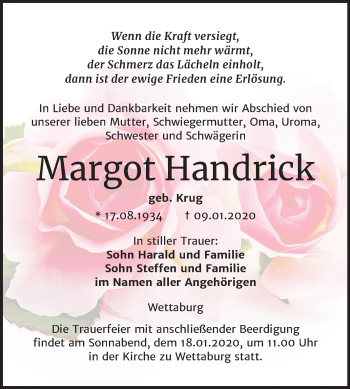 Traueranzeige von Margot Handrick von Wochenspiegel Naumburg/Nebra