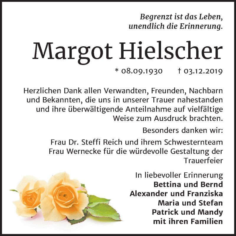  Traueranzeige für Margot Hielscher vom 29.01.2020 aus Mitteldeutsche Zeitung Mansfelder Land