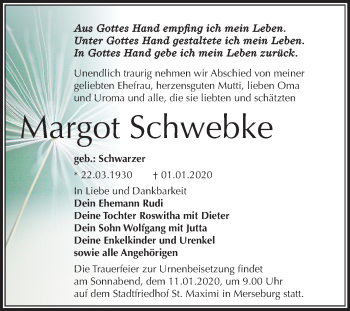 Traueranzeige von Margot Schwebke von Mitteldeutsche Zeitung Merseburg/Querfurt
