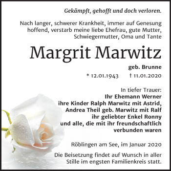 Traueranzeige von Margrit Marwitz von Wochenspiegel Mansfelder Land